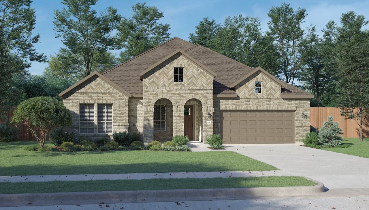 Front exterior of a new home in Painted Tree Lakeside, McKinney, TX, highlighting curb appeal (Image 2). Front exterior of a new home in Painted Tree Lakeside, McKinney, TX, highlighting curb appeal (Image 2).