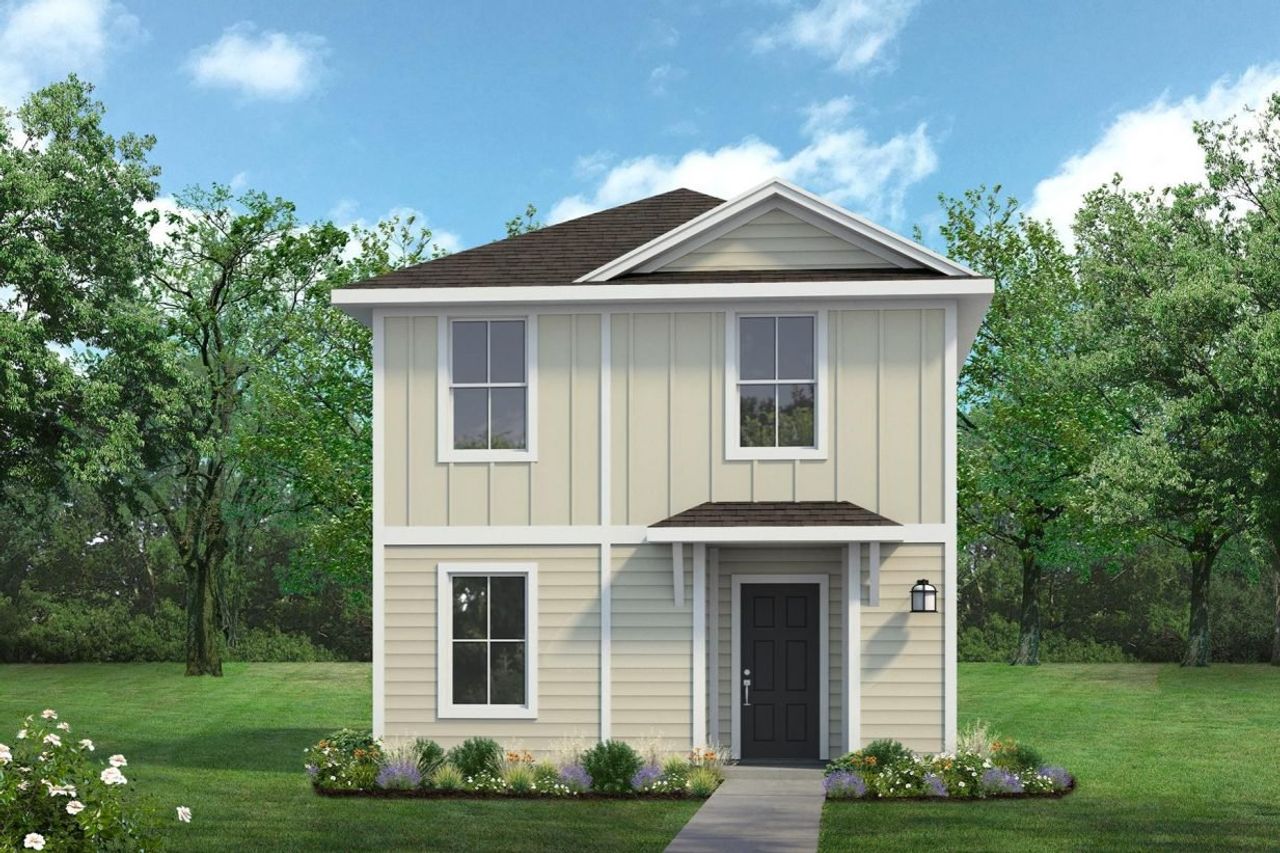 Rendered image of two story light grey-green home with black door with landscaping and sky Rendered image of two story light grey-green home with black door with landscaping and sky