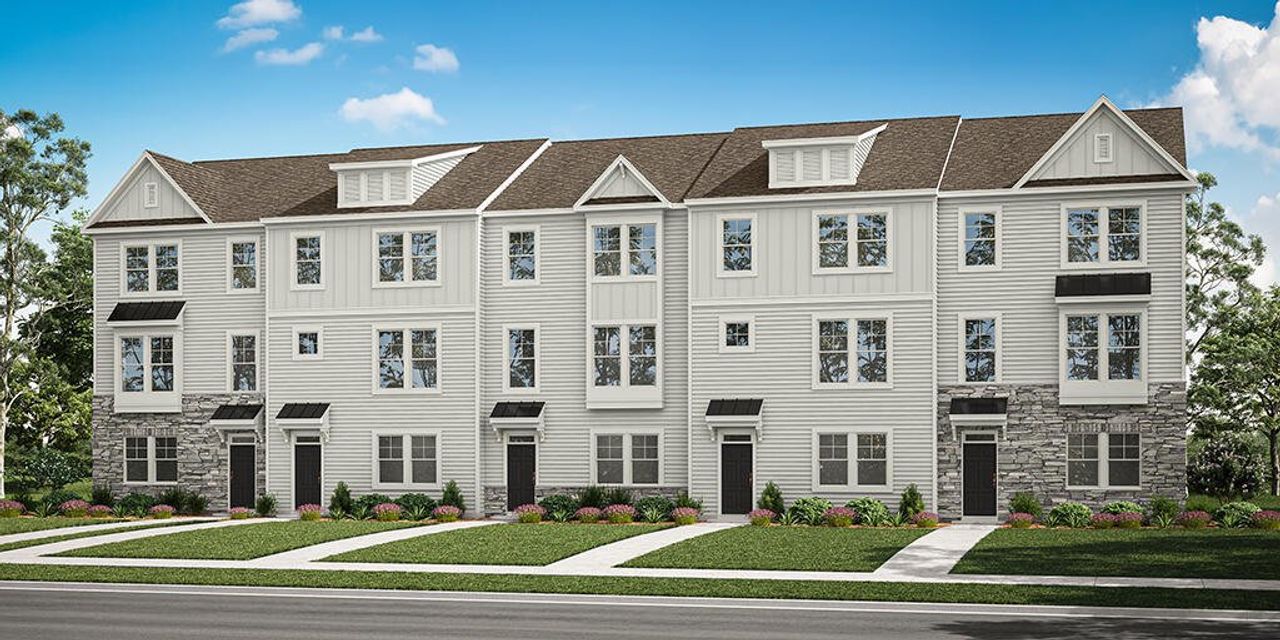 Front exterior of a new home in Bryton Crossing Townhomes, Huntersville, NC, highlighting curb appeal (Image 2).