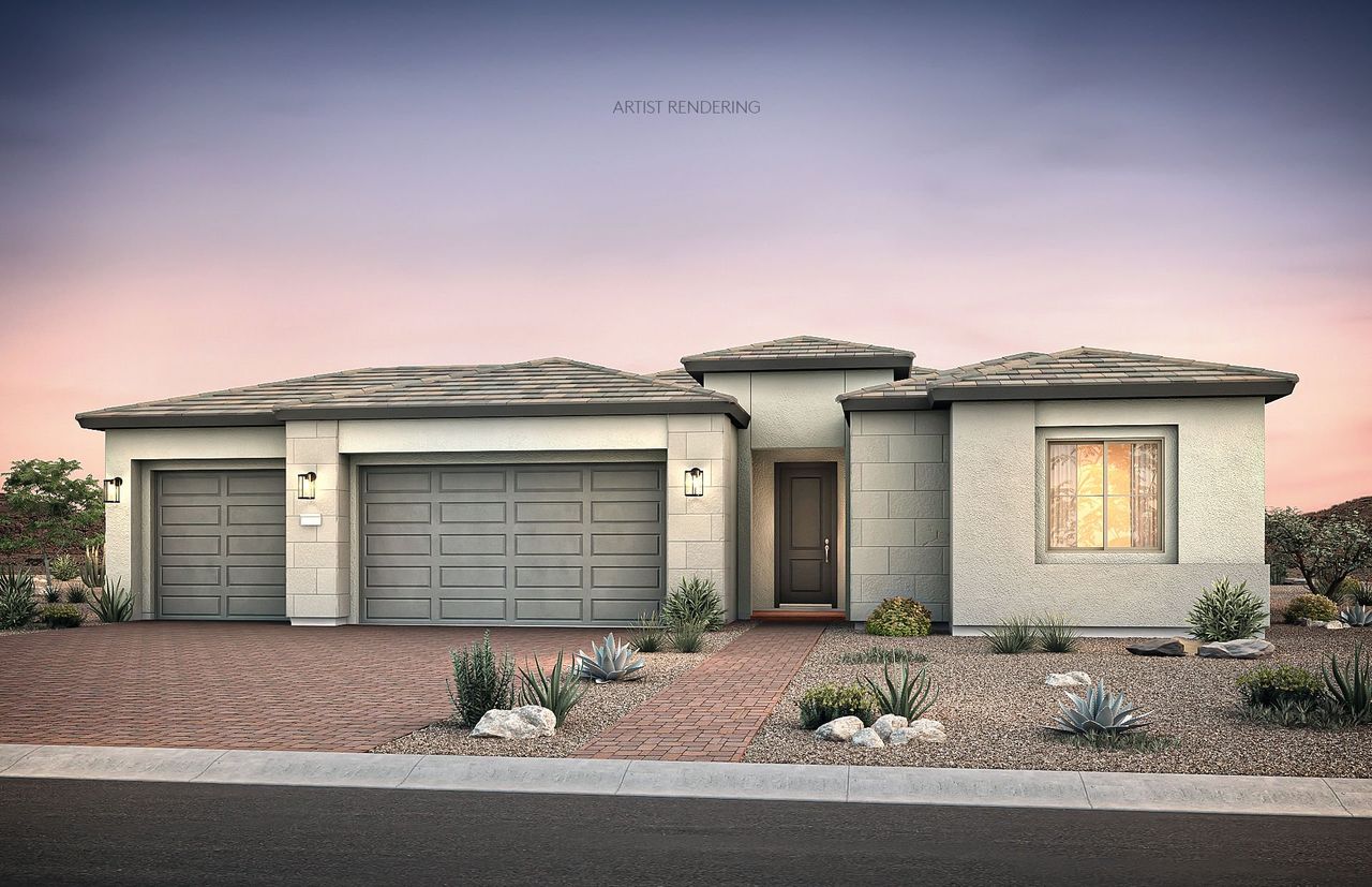 Front exterior of a new home in Saguaro Reserve - Majesty, Marana, AZ, highlighting curb appeal (Image 2).