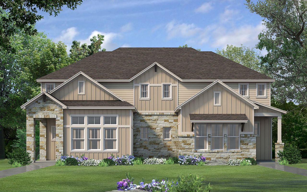 Representative exterior photo of a completed home built from the Tremont Side A by Brookfield Residential in Villas at Kissing Tree, San Marcos, TX (Image 2). Representative exterior photo of a completed home built from the Tremont Side A by Brookfield Residential in Villas at Kissing Tree, San Marcos, TX (Image 2).