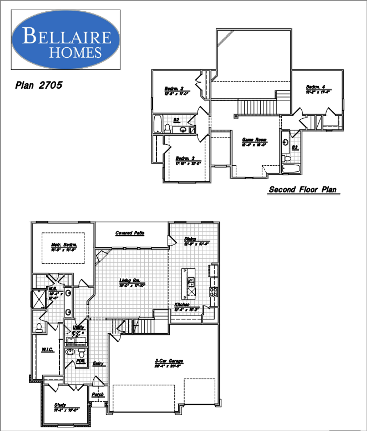 2D floor plan layout for the Presidio by Bellaire Homes in Buffalo Crossing, Cibolo, TX (Image 2).