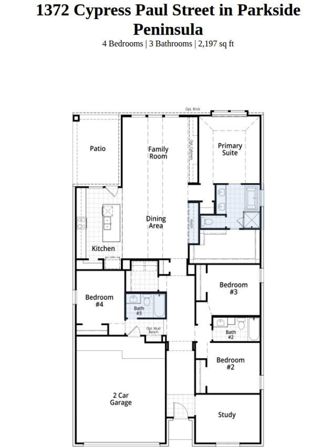 2D floor plan layout of this home in Parkside Peninsula, Georgetown, TX (Image 2).