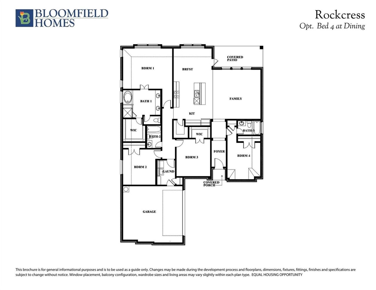 Bloomfield Homes Rockcress floor plan with optional bed 4 at dining, showing 4 bedrooms, kitchen, family room, and garage. Bloomfield Homes Rockcress floor plan with optional bed 4 at dining, showing 4 bedrooms, kitchen, family room, and garage.