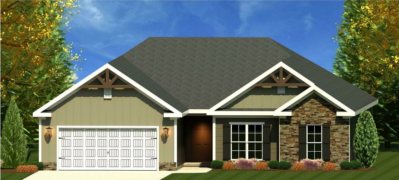 Representative exterior photo of a completed home built from the Del Ray by Designer Homes of Georgia in Austin Heights, North Augusta, SC (Image 2). Representative exterior photo of a completed home built from the Del Ray by Designer Homes of Georgia in Austin Heights, North Augusta, SC (Image 2).