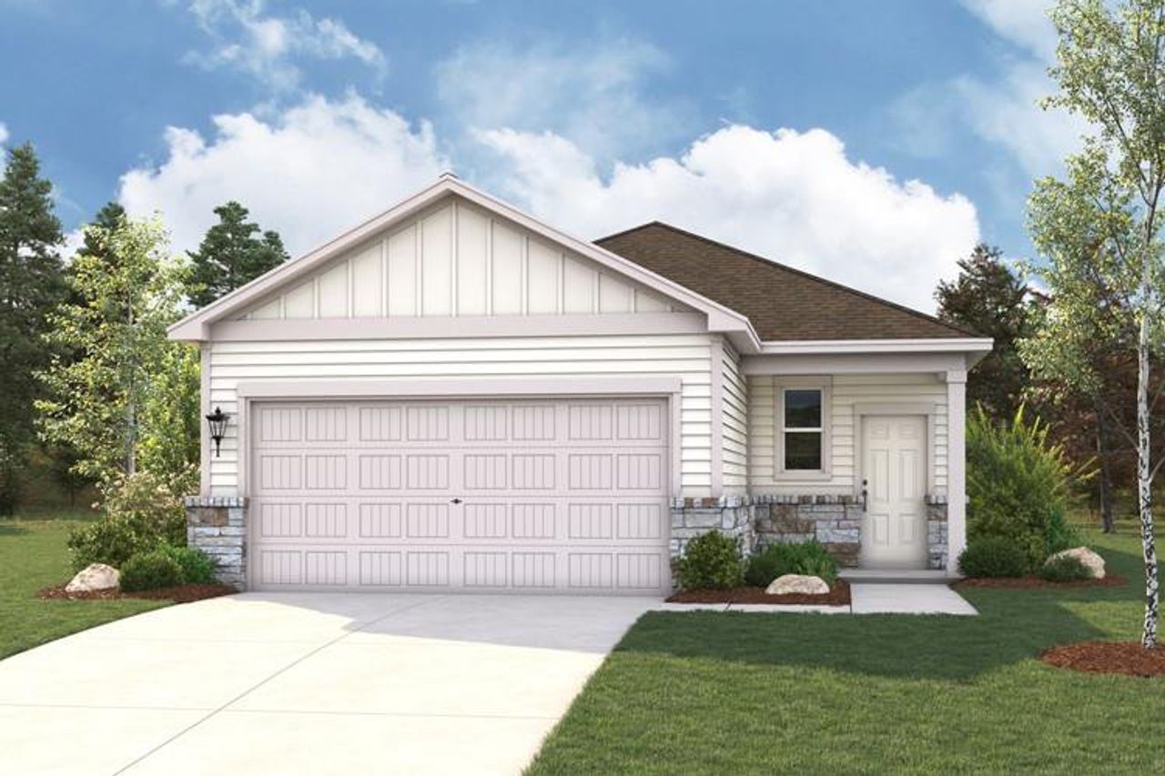 Front exterior of a new home in Trinity Ranch, Elgin, TX, highlighting curb appeal (Image 2).