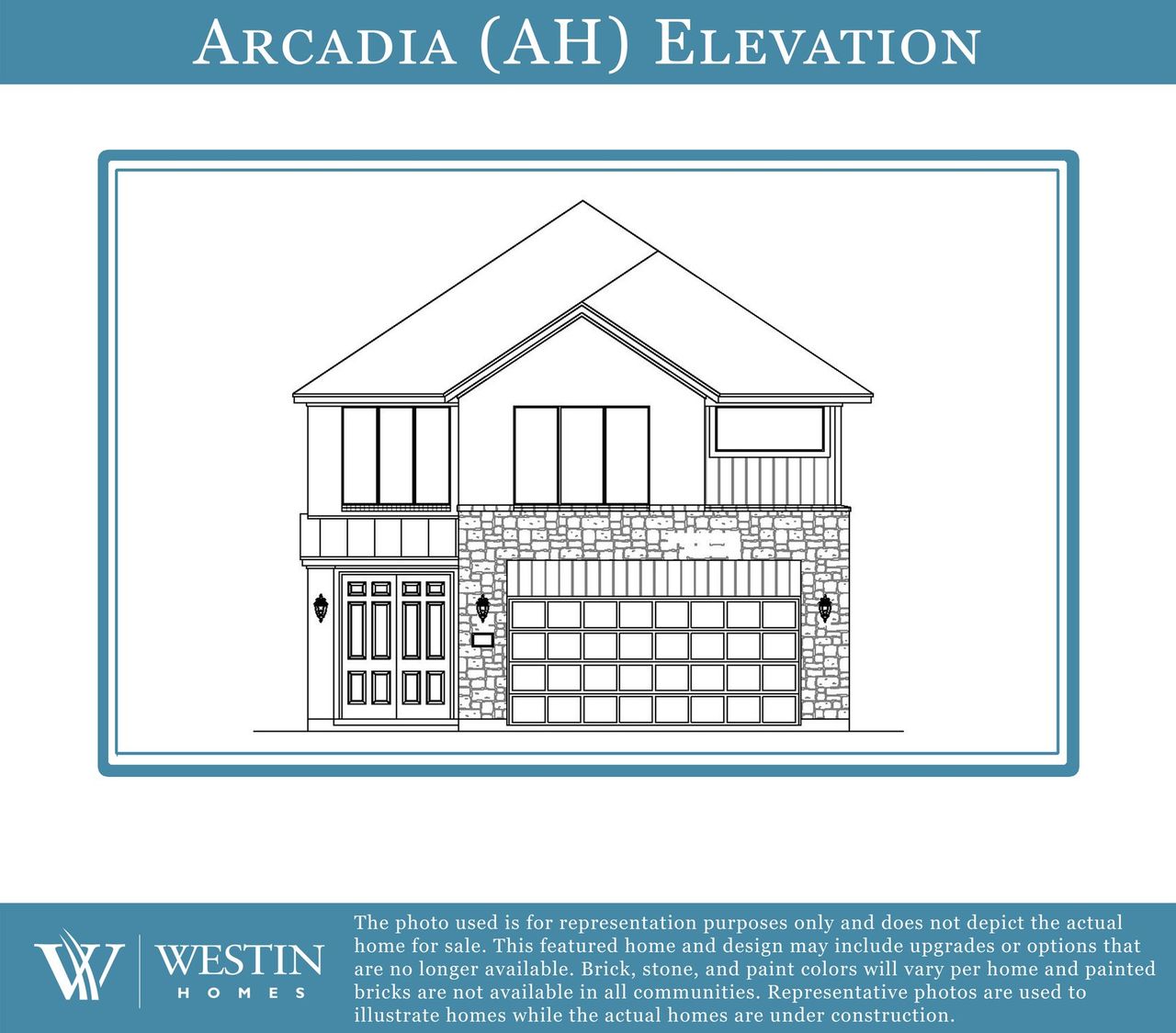 Representative exterior photo of a completed home built from the The Arcadia by Westin Homes in Candela – 40', Richmond, TX (Image 2). Representative exterior photo of a completed home built from the The Arcadia by Westin Homes in Candela – 40', Richmond, TX (Image 2).