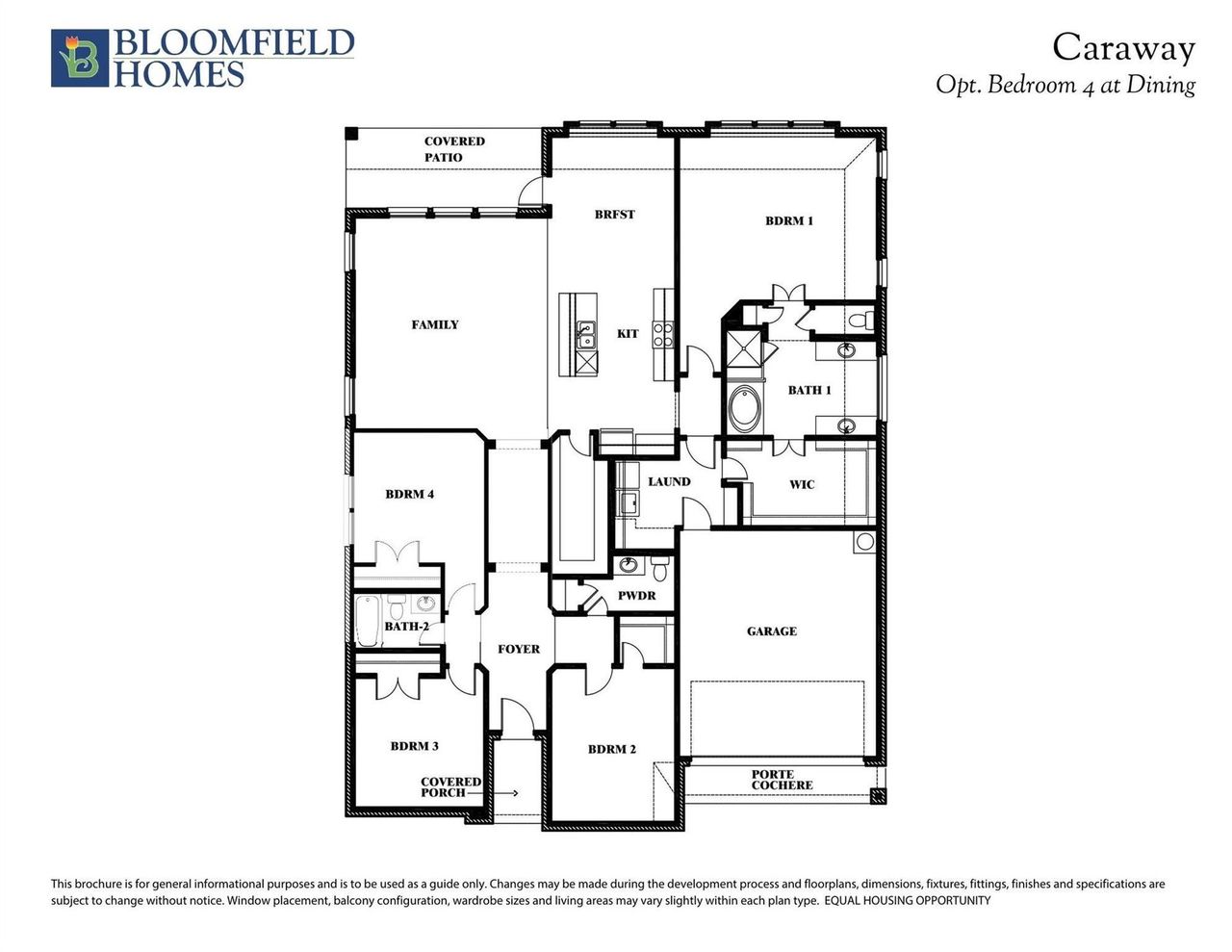 Bloomfield Homes Caraway floor plan with optional bedroom 4 at dining, showing 4 bedrooms, 2 baths, and garage layout.