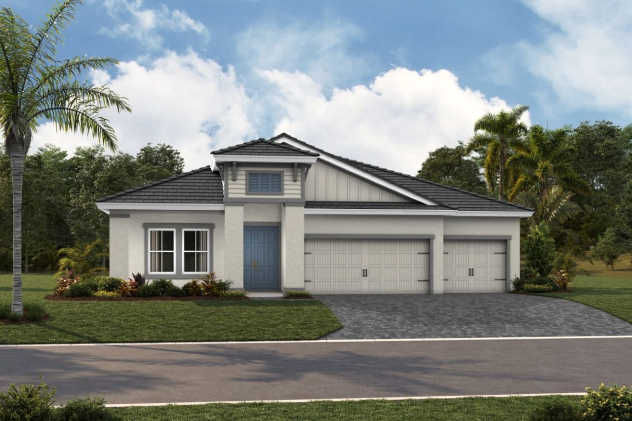 Representative exterior photo of a completed home built from the Bayport I by Homes by WestBay in Longleaf at Grand Park, Sarasota, FL (Image 2).