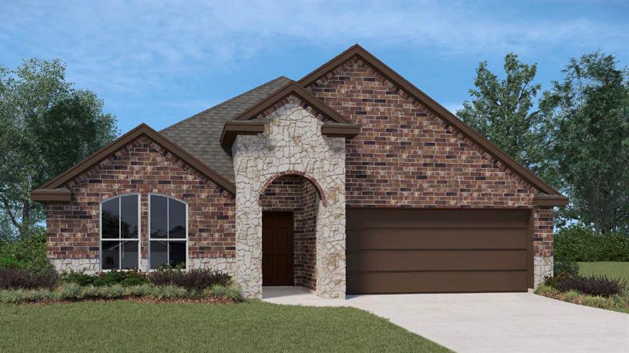 Front exterior of a new home in Woodcreek, Fate, TX, highlighting curb appeal (Image 2).