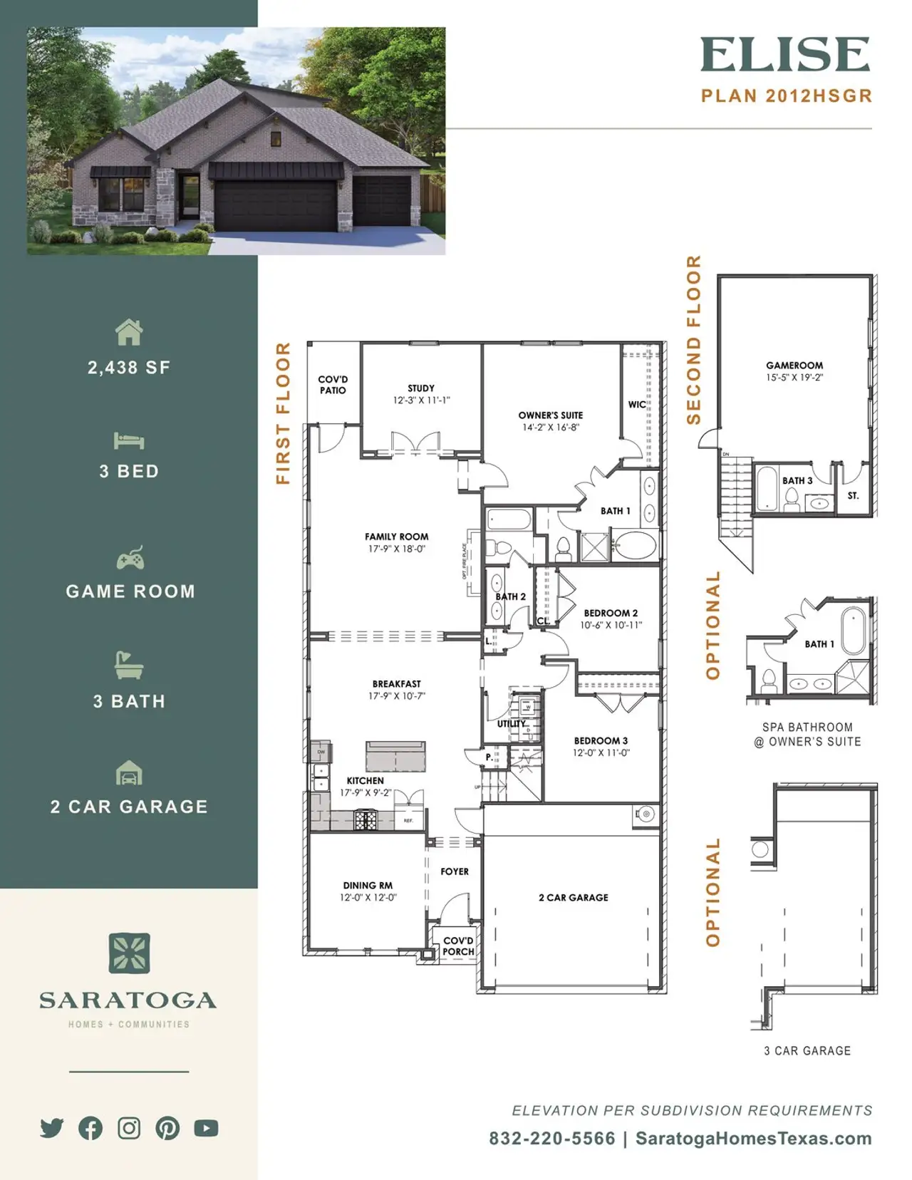 2D floor plan layout for the Elsie Plus 2012 BGRM3CG by Saratoga Homes in Foxtail Palms, Manvel, TX (Image 2).