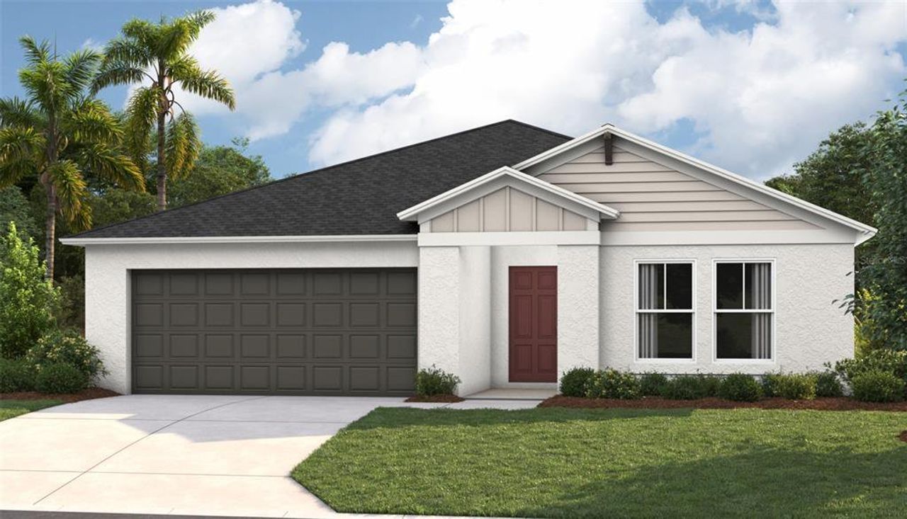 Front exterior of a new home in Two Rivers, Zephyrhills, FL, highlighting curb appeal (Image 2). Front exterior of a new home in Two Rivers, Zephyrhills, FL, highlighting curb appeal (Image 2).
