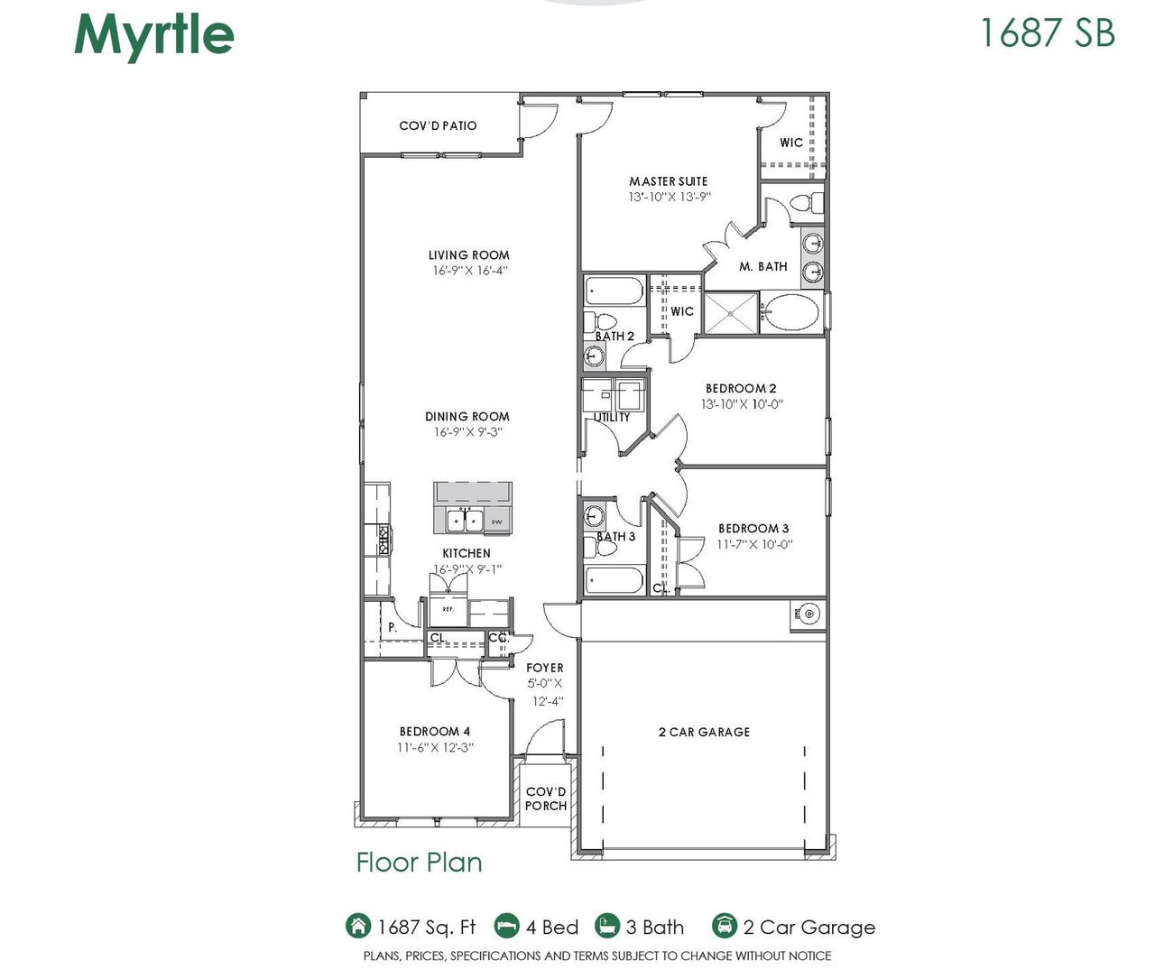 2D floor plan layout for the Myrtle 1687 SB by Saratoga Homes in Glendale Lakes, Arcola, TX (Image 2).
