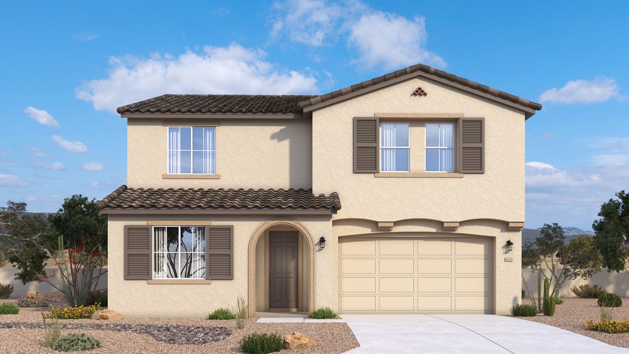 Spanish-style Powell home exterior with warm stucco, arched details and a timeless desert character by DRB Homes in Arizona.