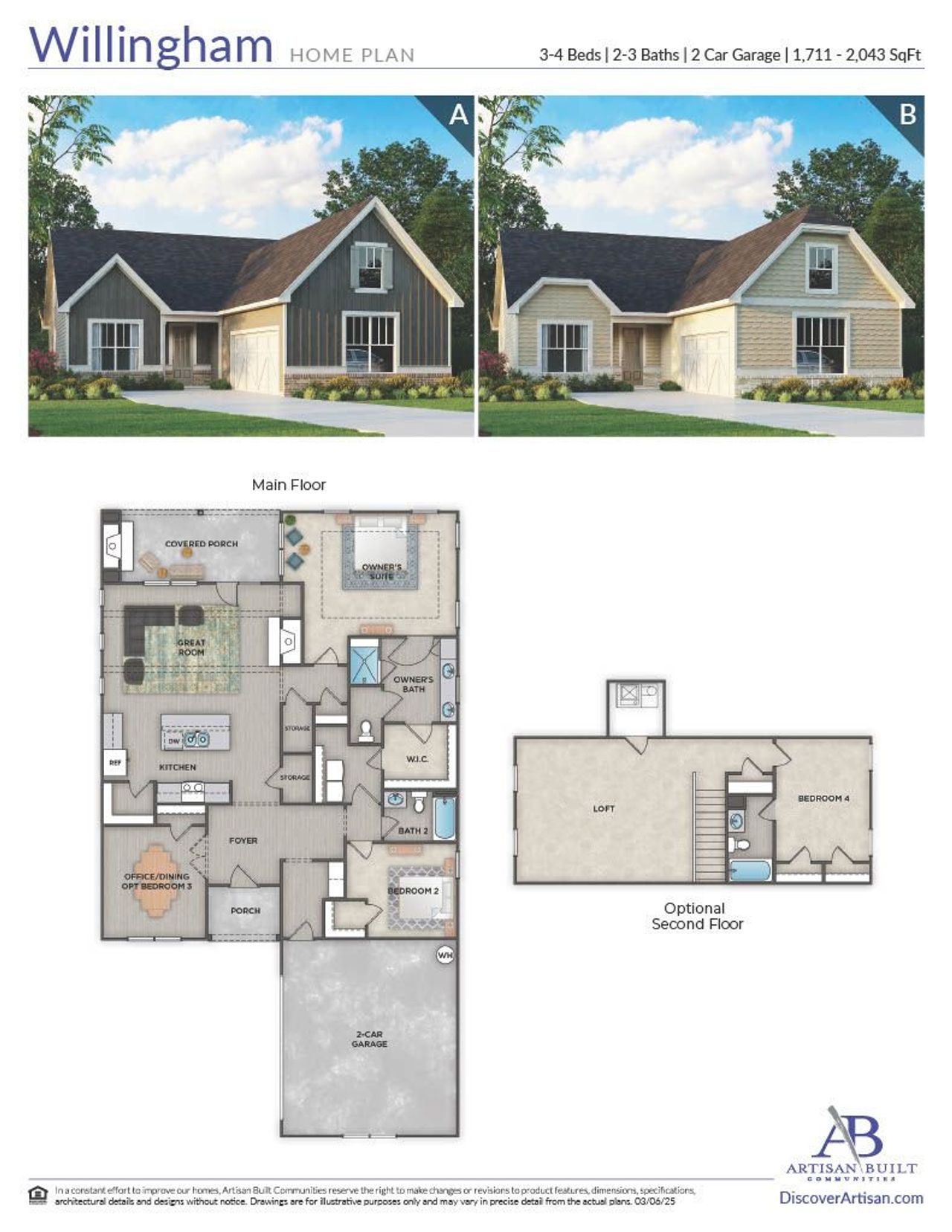 2D floor plan layout for the The Willingham by Artisan Built Communities in Heritage Pointe at The Georgian, Villa Rica, GA (Image 2).