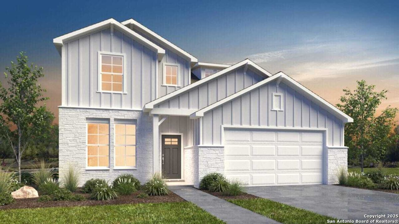 Front exterior of a new home in Weltner Farms 50’s, New Braunfels, TX, highlighting curb appeal (Image 2).