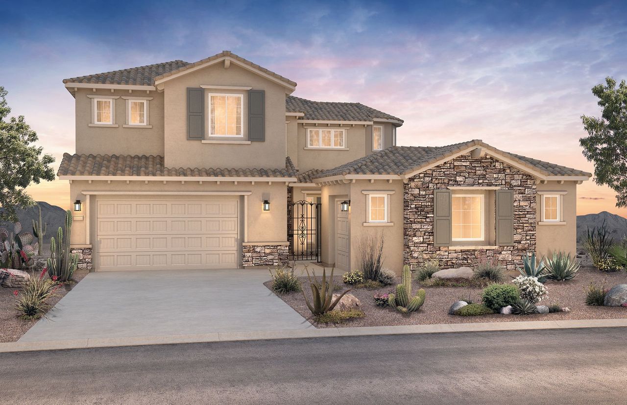 Front exterior of a new home in Harvest - Enchantment Series, Queen Creek, AZ, highlighting curb appeal (Image 2). Front exterior of a new home in Harvest - Enchantment Series, Queen Creek, AZ, highlighting curb appeal (Image 2).