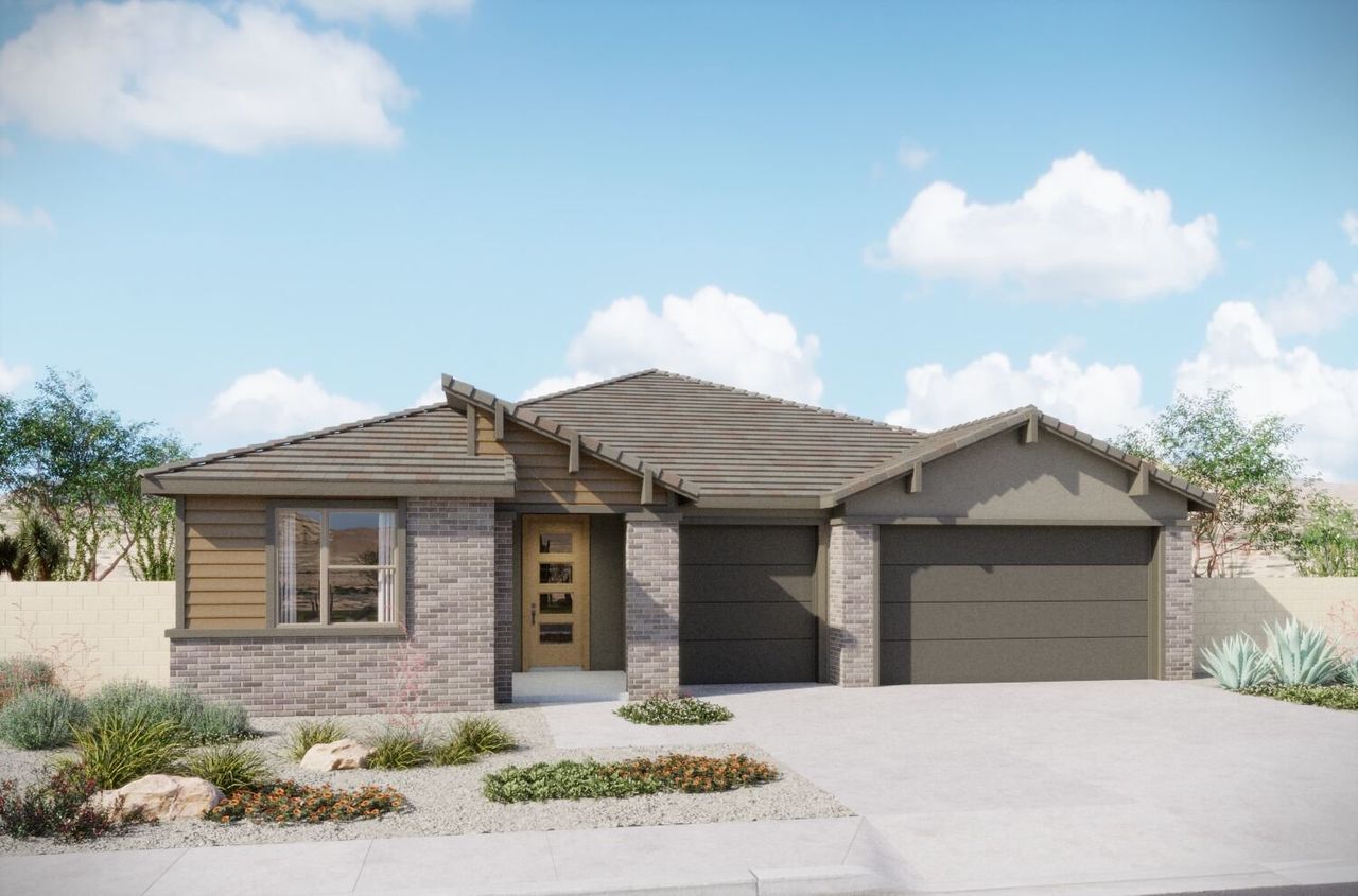 Representative exterior photo of a completed home built from the Garnet by Mattamy Homes in Tavira at Twin Peaks, Marana, AZ (Image 2). Representative exterior photo of a completed home built from the Garnet by Mattamy Homes in Tavira at Twin Peaks, Marana, AZ (Image 2).