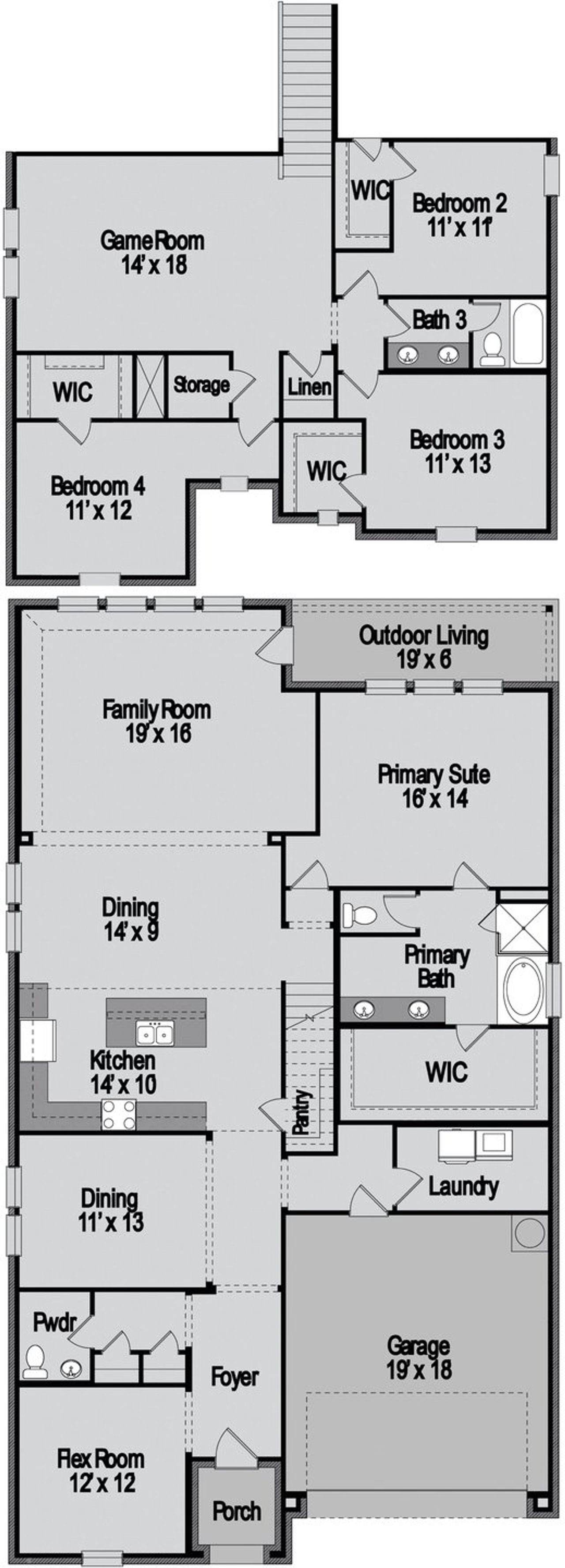 2D floor plan layout for the Trinity by UnionMain Homes in Brookville Estates, Forney, TX (Image 2). 2D floor plan layout for the Trinity by UnionMain Homes in Brookville Estates, Forney, TX (Image 2).
