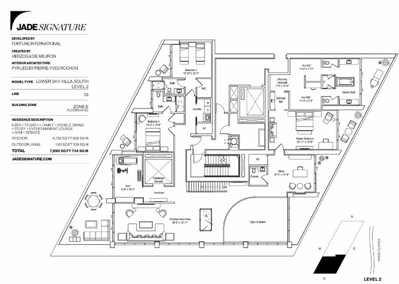 2D floor plan layout for the Lower Sky Villa South by Fortune International Group in Jade Signature, Sunny Isles Beach, FL (Image 2).