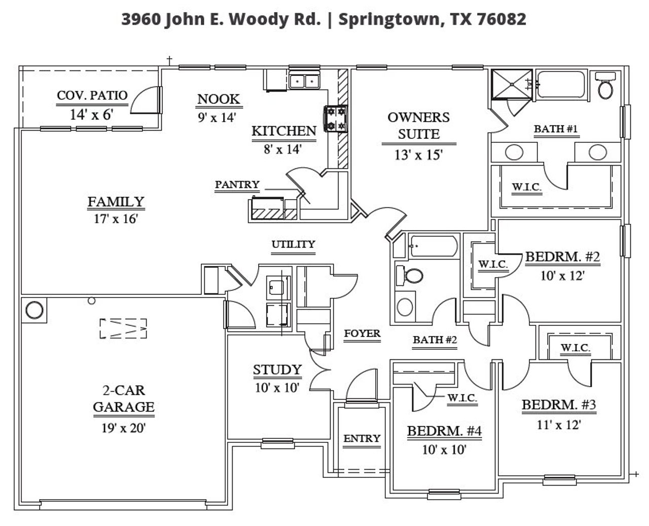 2D floor plan layout of this home in Gatlin Ranch, Springtown, TX (Image 2).