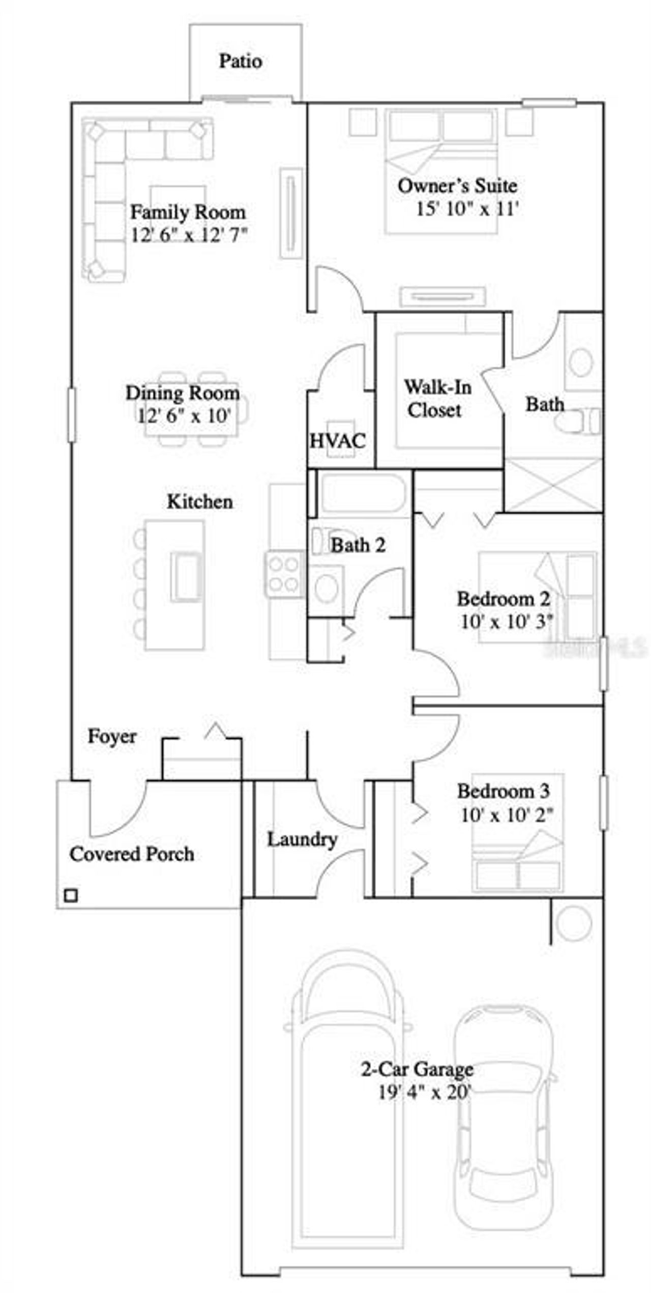 2D floor plan layout of this home in Millwood: Millwood Estates - The Meadows, Ocala, FL (Image 2).