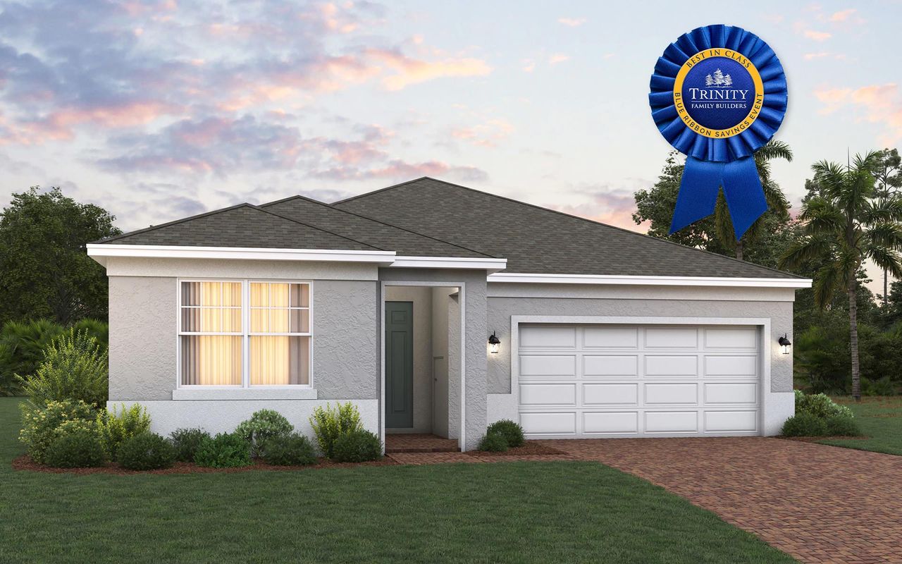 Front exterior of a new home in Trinity Place, St. Cloud, FL, highlighting curb appeal (Image 2).