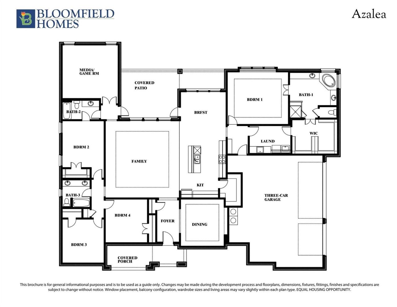 Bloomfield Homes Azalea floor plan with four bedrooms, three bathrooms, family room, and three-car garage. Bloomfield Homes Azalea floor plan with four bedrooms, three bathrooms, family room, and three-car garage.
