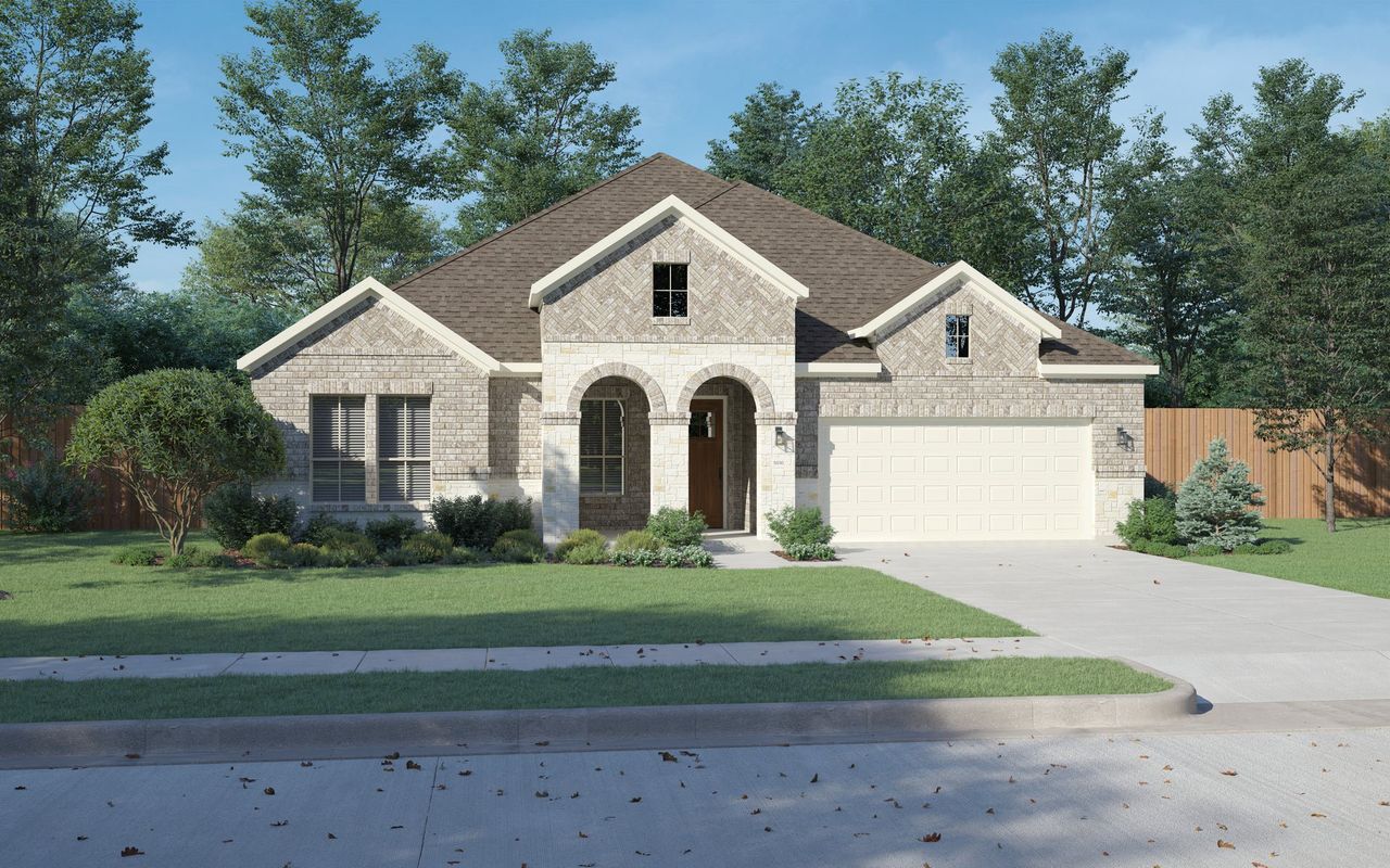 Front exterior of a new home in Painted Tree Lakeside, McKinney, TX, highlighting curb appeal (Image 2).