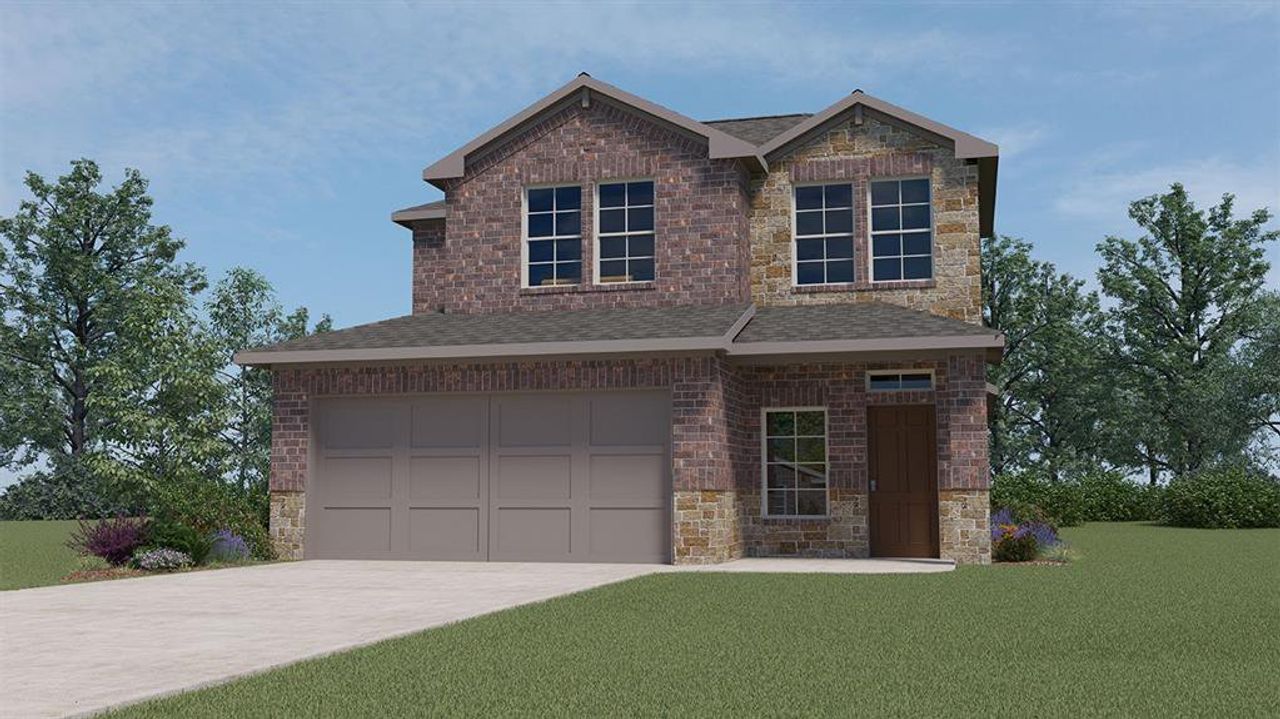 Front exterior of a new home in Cartwright Ranch, Crandall, TX, highlighting curb appeal (Image 2).