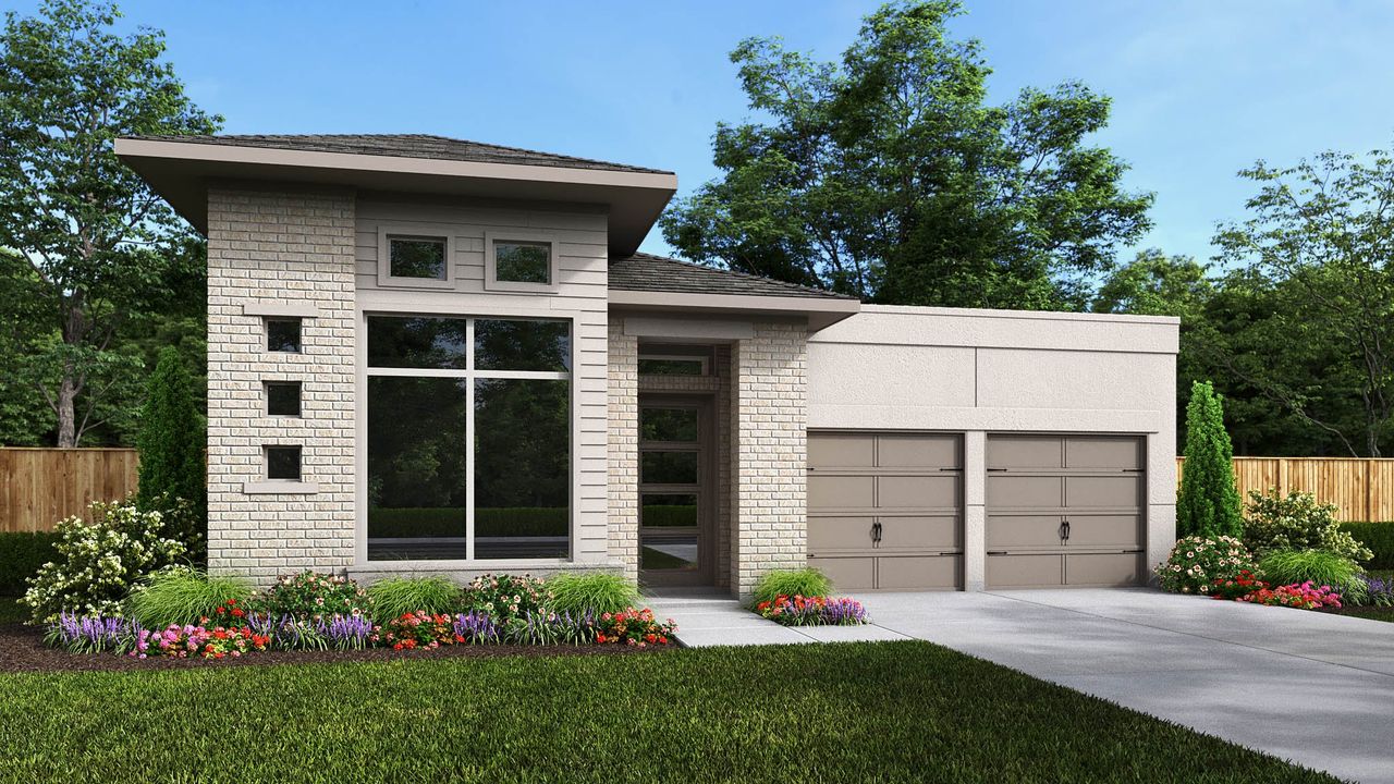 Representative exterior photo of a completed home built from the 2433E by Perry Homes in Veramendi, New Braunfels, TX (Image 2).