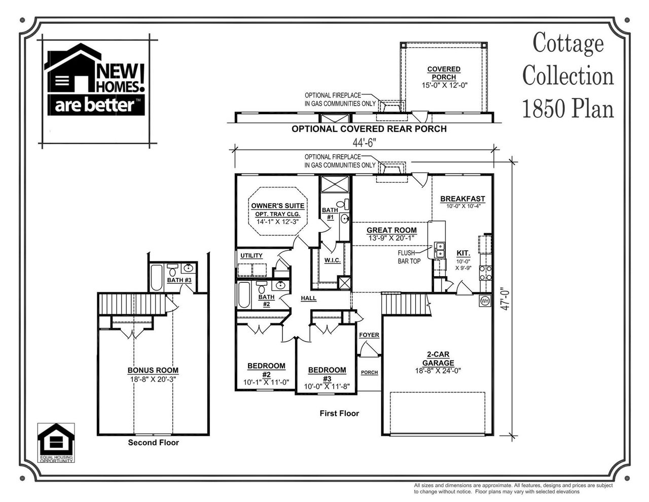 1850 Floor Plan showcasing the private Bonus/4th Bedroom, & Covered Back Porch!