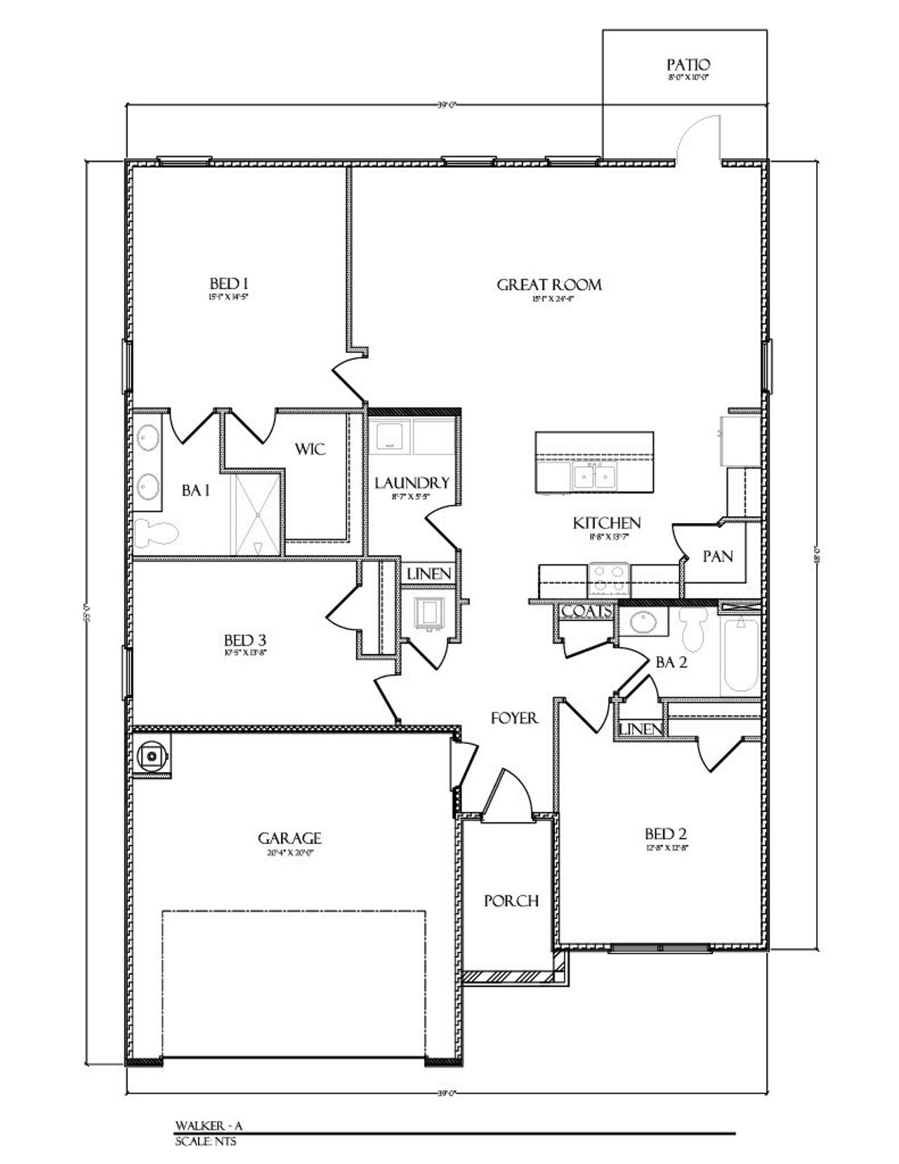 2D floor plan layout for the The Walker by D.R. Horton in Hodges Bayou Plantation, Panama City, FL (Image 2).