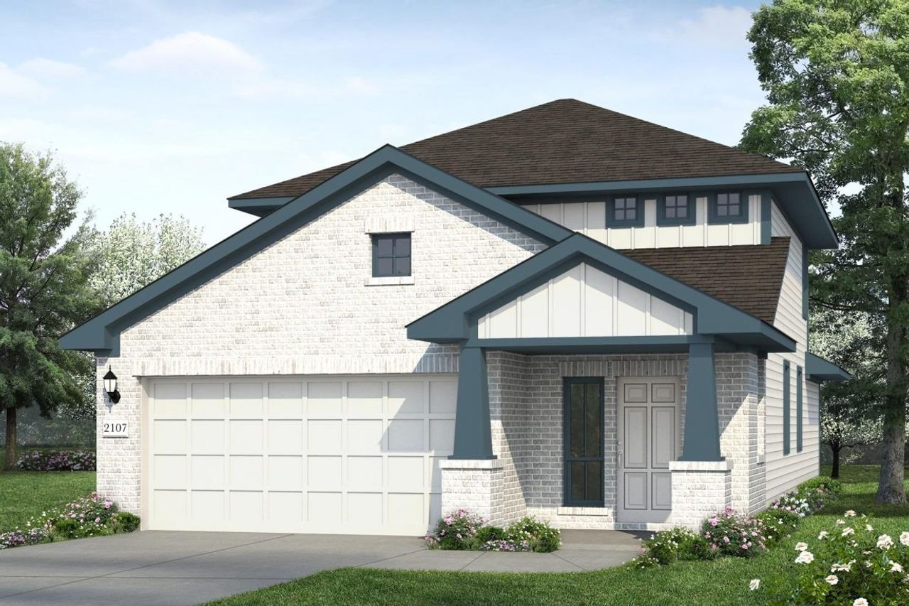 Representative exterior photo of a completed home built from the Hunters Ranch 2107 by Brohn Homes in Hunters Ranch, San Antonio, TX (Image 2). Representative exterior photo of a completed home built from the Hunters Ranch 2107 by Brohn Homes in Hunters Ranch, San Antonio, TX (Image 2).