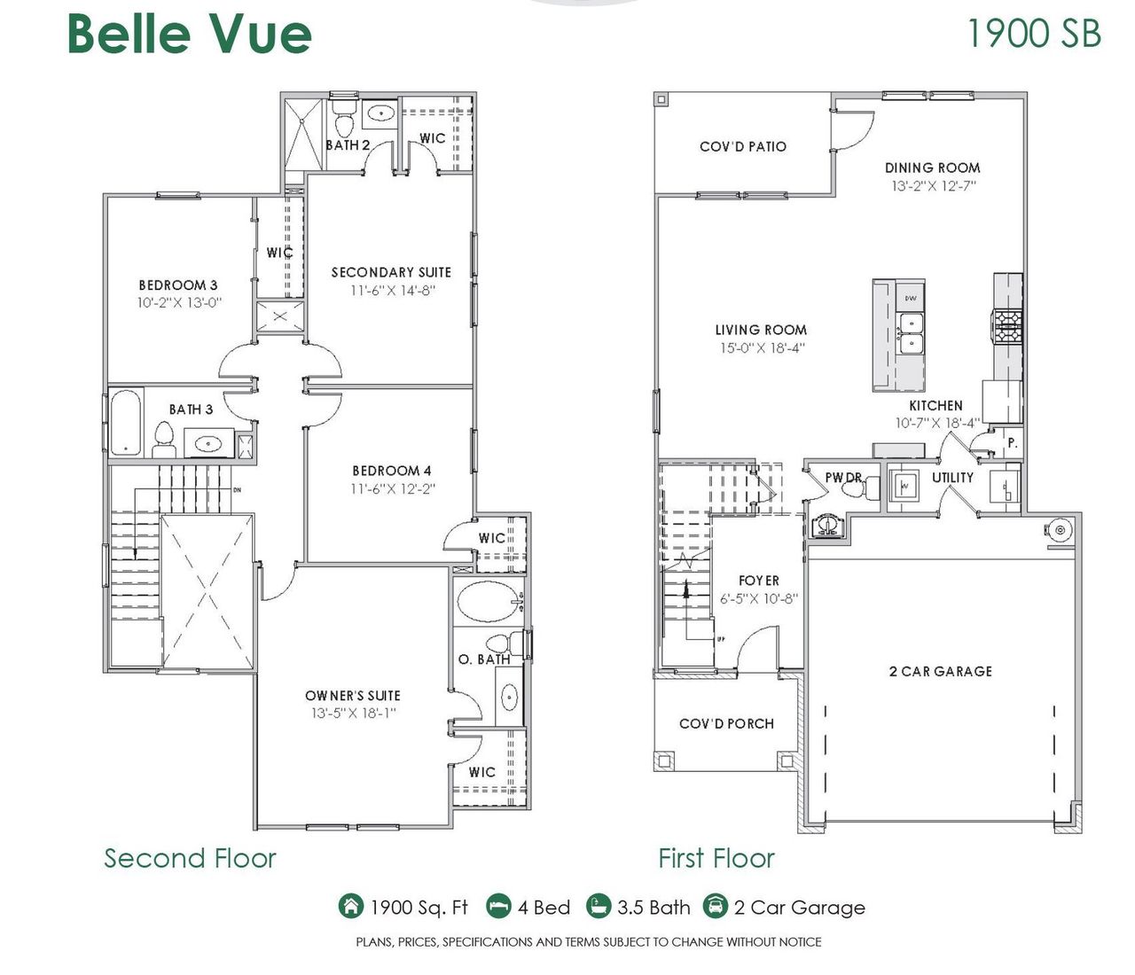 2D floor plan layout for the Belle Vue 1900 SB by Saratoga Homes in Glendale Lakes, Arcola, TX (Image 2).