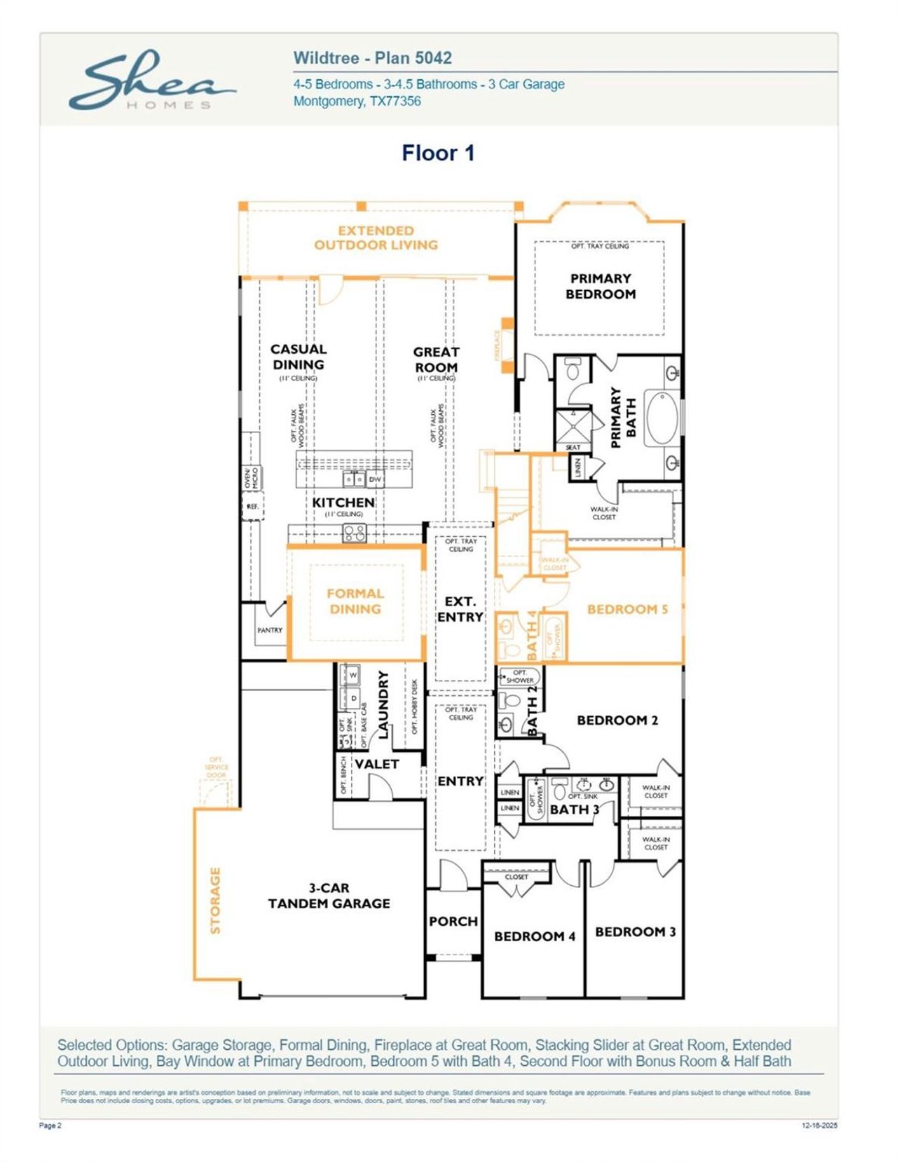 2D floor plan layout of this home in WILDTREE 60', Montgomery, TX (Image 2).