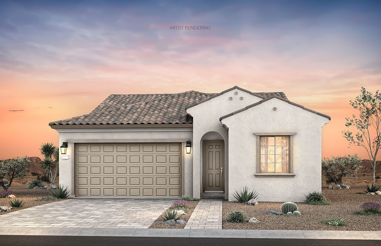 Front exterior of a new home in Sun City Festival, Buckeye, AZ, highlighting curb appeal (Image 2). Front exterior of a new home in Sun City Festival, Buckeye, AZ, highlighting curb appeal (Image 2).