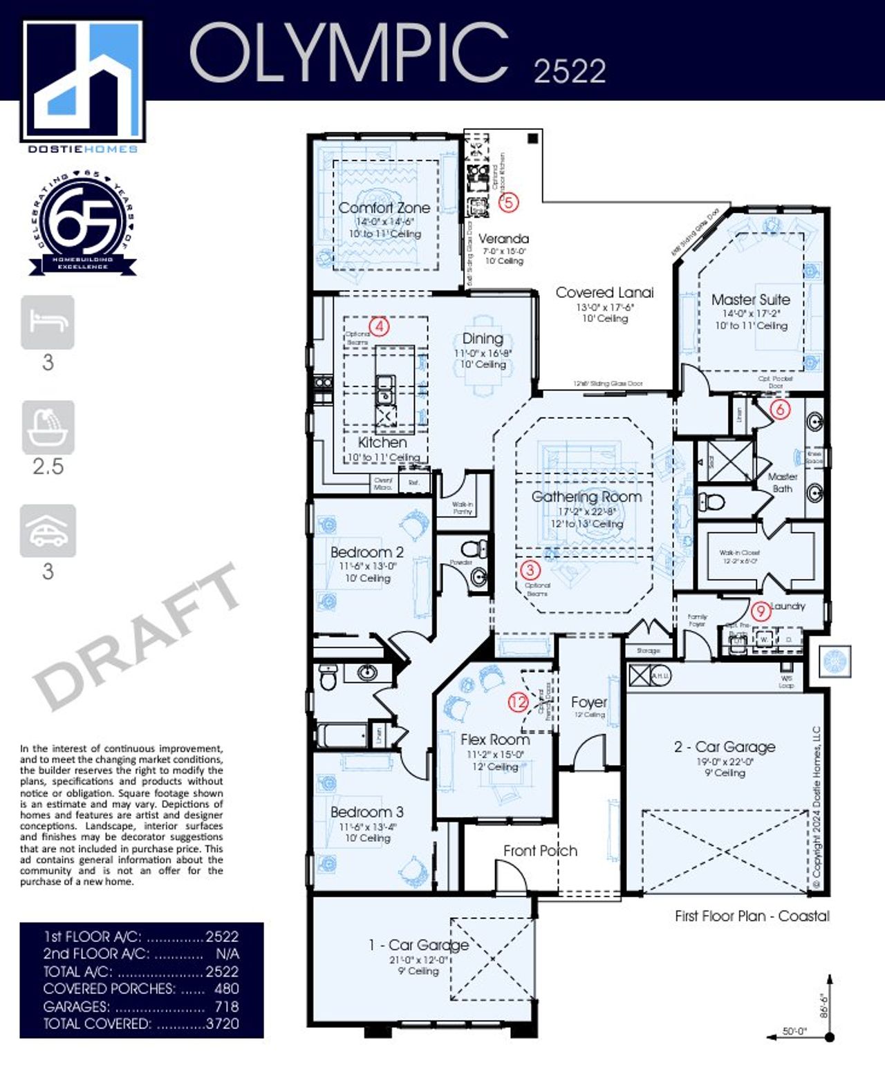 2D floor plan layout for the Olympic 2522 by Dostie Homes in Reflections and Seabrook at Nocatee, Ponte Vedra Beach, FL (Image 2).