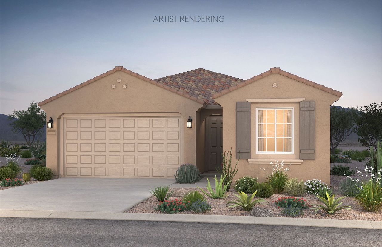 Front exterior of a new home in Visara, Surprise, AZ, highlighting curb appeal (Image 2). Front exterior of a new home in Visara, Surprise, AZ, highlighting curb appeal (Image 2).