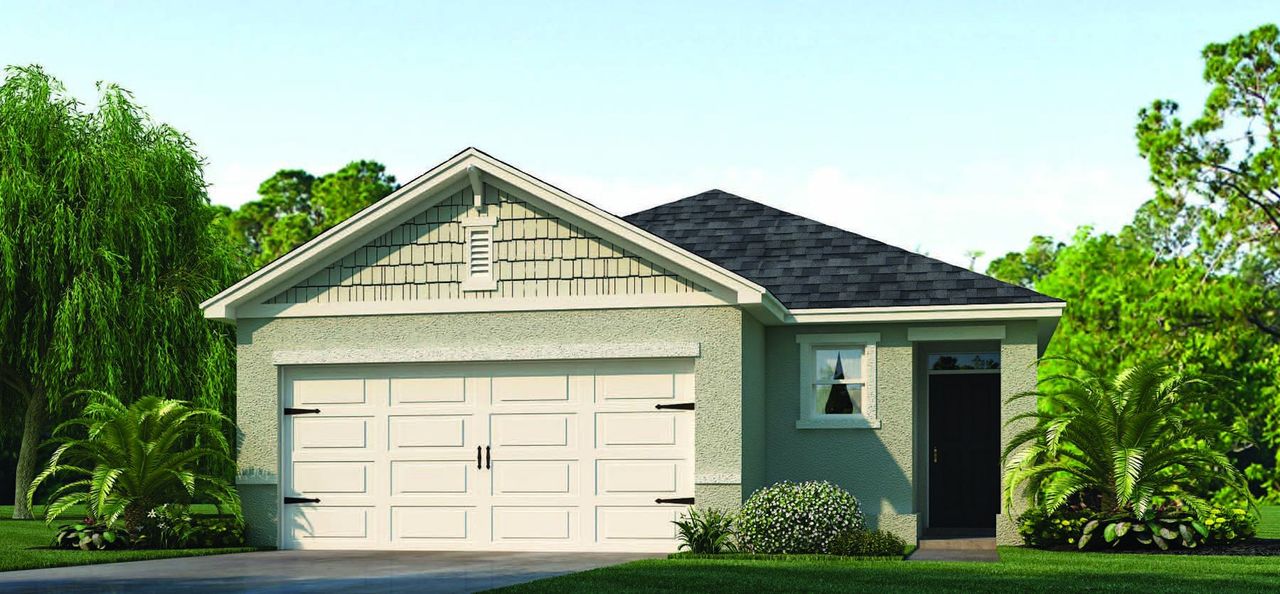 Front exterior of a new home in Cascades, Davenport, FL, highlighting curb appeal (Image 2). Front exterior of a new home in Cascades, Davenport, FL, highlighting curb appeal (Image 2).