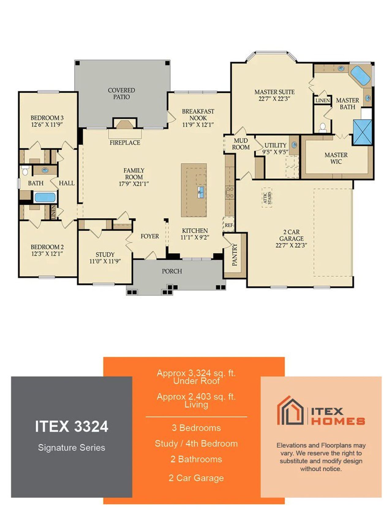 2D floor plan layout for the 3324 by Itex Homes in Briar Branch Estates, Celeste, TX (Image 2).