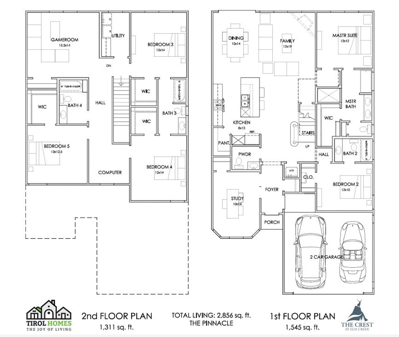 2D floor plan layout for the Pinnacle by Tirol Homes in The Crest at Elm Creek, San Antonio, TX (Image 2).