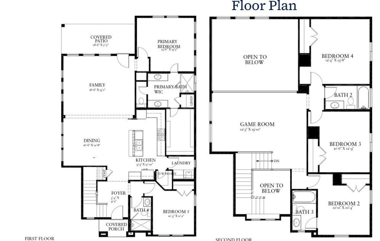 Examine this detailed floor plan showcasing a spacious family home with multiple bedrooms and living areas across two levels.