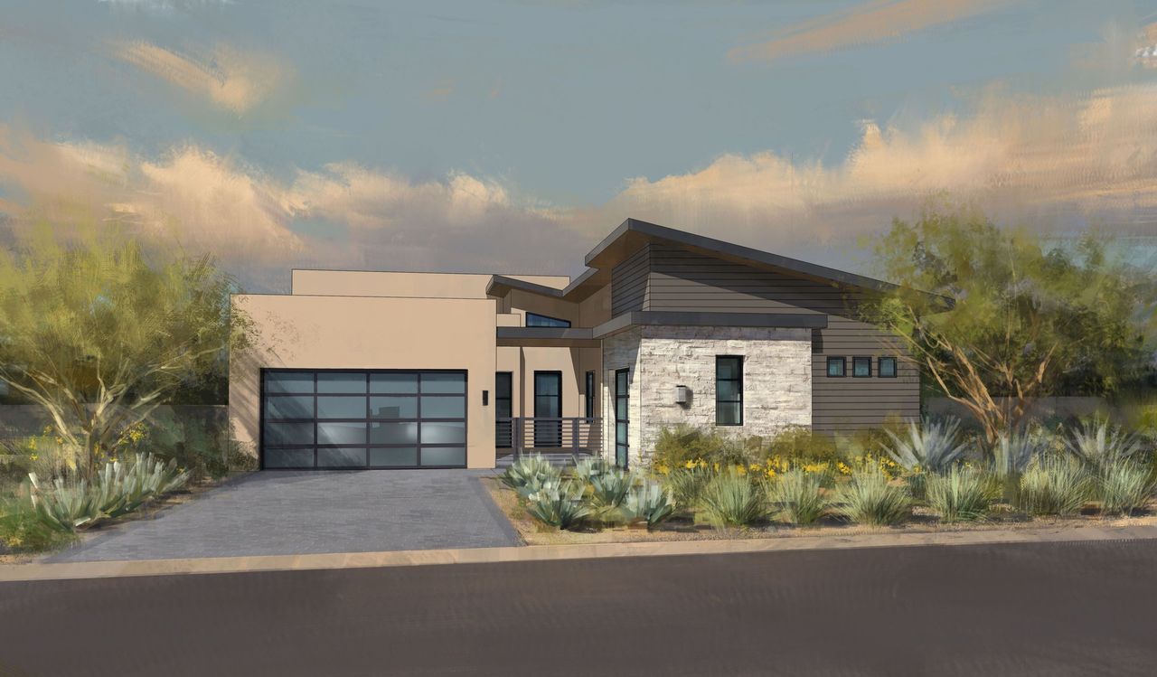 Representative exterior photo of a completed home built from the The Essence by Camelot Homes in Aura, Scottsdale, AZ (Image 2).