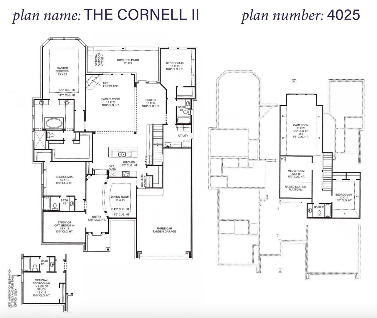 2D floor plan layout for the Cornell II 4025 by J. Patrick Homes in The Woodlands Hills, Willis, TX (Image 2).