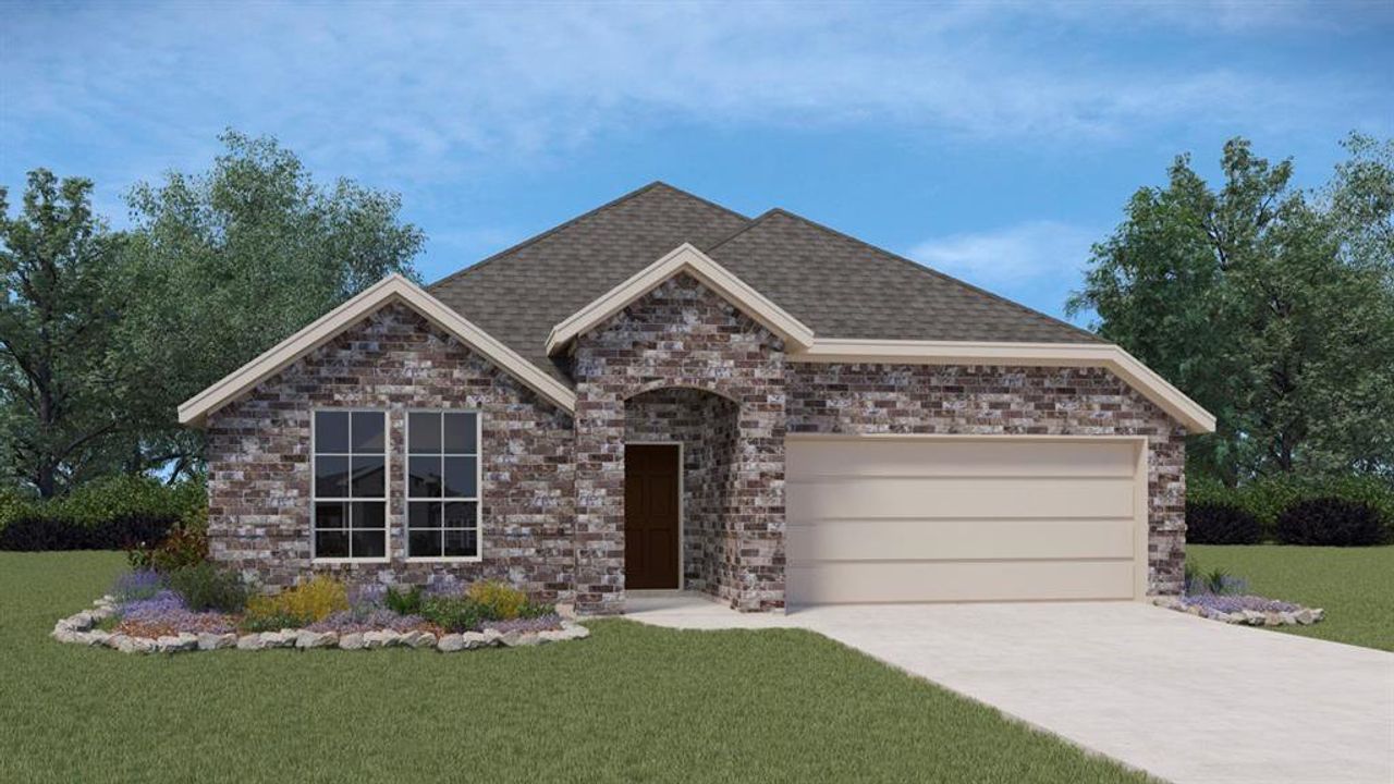 Front exterior of a new home in Woodcreek, Fate, TX, highlighting curb appeal (Image 2).