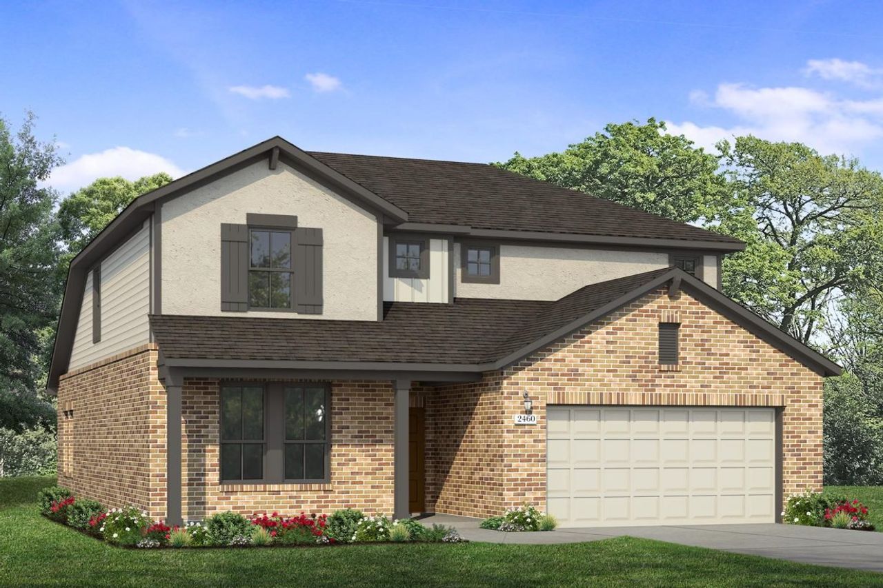 Rendering of two story home with two-tone tan stucco, siding, accents, and garage, with orange tone brick, driveway, and landscaping