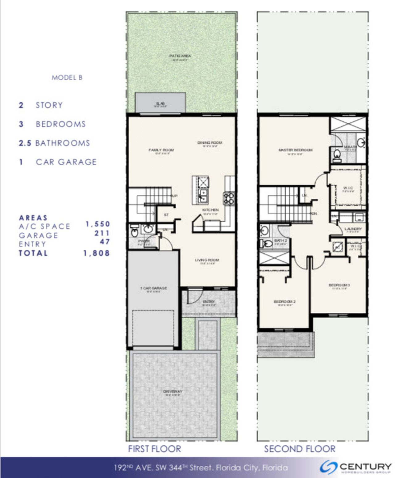 2D floor plan layout for the Perugia by Century Homebuilders Group in Century Park Square, Homestead, FL (Image 2).
