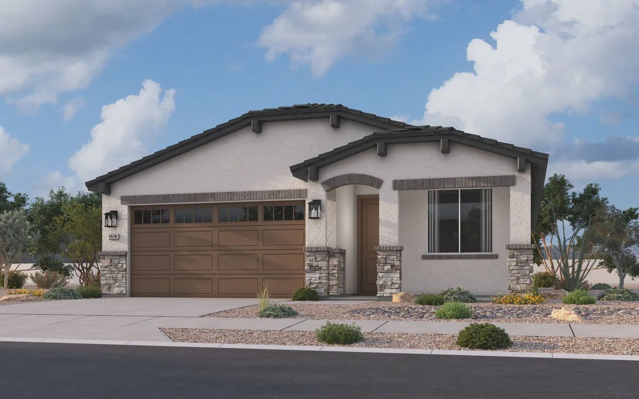 Front exterior of a new home in Camilo at Santana, Yuma, AZ, highlighting curb appeal (Image 2).