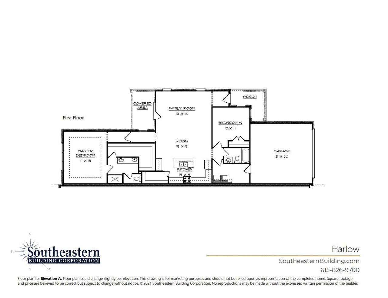 2D floor plan layout for the Harlow by Southeastern Building Corporation in The Paddock Courtyard, Bungalow, & Villa Homes, Gallatin, TN (Image 2).